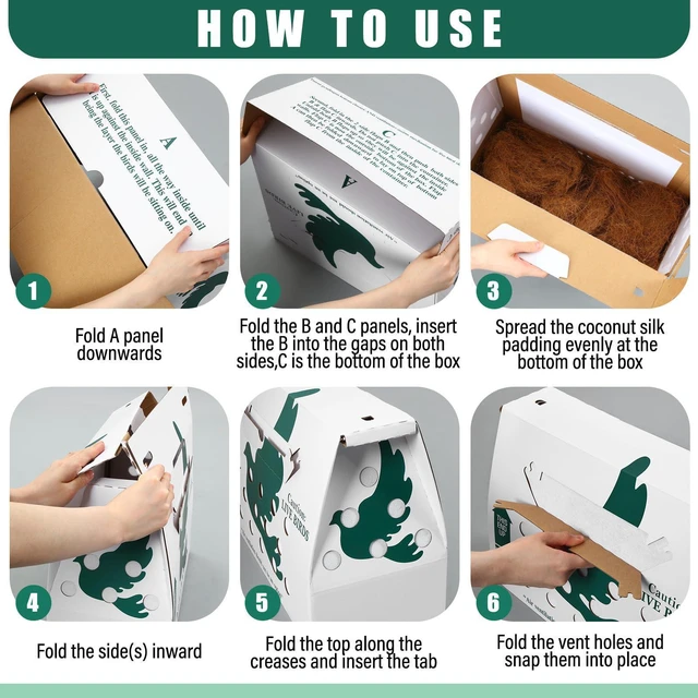 Alt view image 9 of 12 - 10 Pack Live Chicken Shipping Boxes 17.5x7.75x12 Inch Live Bird Shipping Boxes with Coconut Fiber Padding Corrugated Cardboard Pet Carrier for Poultry Pigeons Canaries (Green)