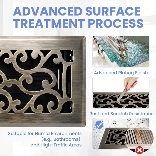 Alt view image 10 of 14 - 4x10 Inches Heavy Duty Walkable Floor Register - Easy Adjust Air Supply Lever Decorative Floor Vent Covers - Savannah Design Vent Covers for Home - Antique Brass