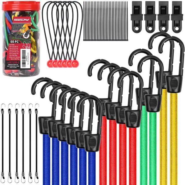 Alt view image 8 of 14 - 60-Piece Bungee Cords Assorted Sizes - 10" 18" 24" 32" 40" Bungee Cords with Hooks, Heavy Duty Outdoor, Large Medium Small Mini Elastic Canopy Tarp Bungee Ball Ties Tarp Clips Organizer