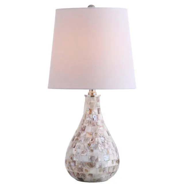 Alt view image 8 of 14 - Mona Coastal Mini LED Table Lamp 20.5" Bedside, Seashell | White Linen Drum Shade, Mother Of Pearl Resin Body, On-Off Rotary Switch, LED Bulb Included