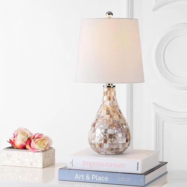 Alt view image 9 of 14 - Mona Coastal Mini LED Table Lamp 20.5" Bedside, Seashell | White Linen Drum Shade, Mother Of Pearl Resin Body, On-Off Rotary Switch, LED Bulb Included
