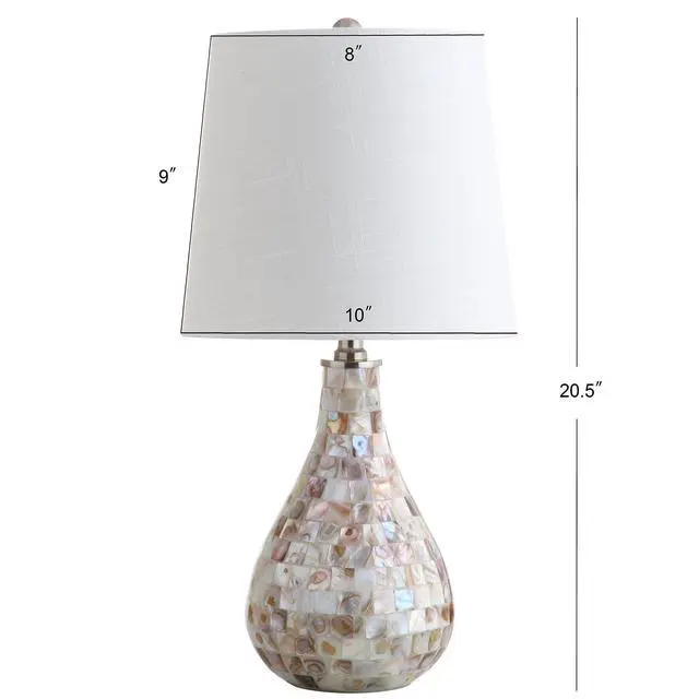 Alt view image 10 of 14 - Mona Coastal Mini LED Table Lamp 20.5" Bedside, Seashell | White Linen Drum Shade, Mother Of Pearl Resin Body, On-Off Rotary Switch, LED Bulb Included