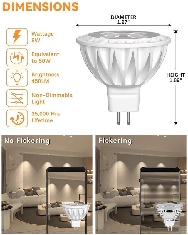 Alt view image 12 of 14 - MR16 LED Bulbs 5W GU5.3 12V 2700K Warm White 6 Pack | 50W Halogen Equivalent, Non-Dimmable, 38° Beam Angle, Landscape, Recessed, Track Lighting