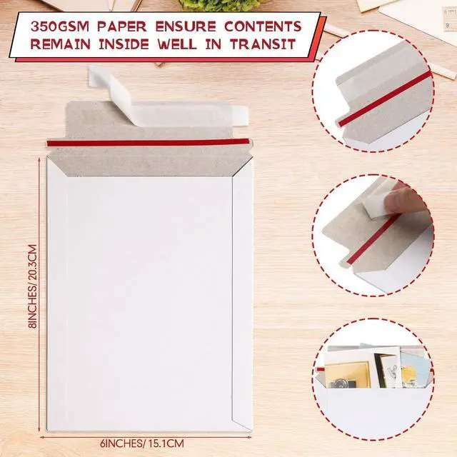 Alt view image 10 of 14 - 350 Pcs Rigid Photo Mailers 6x8 Inch, 350gsm Thick White Cardboard Shipping Envelopes with Self Adhesive, Flat Document Mailers for Photos, Prints, Artwork, CDs, and Paperwork