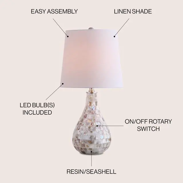 Alt view image 12 of 14 - Mona Coastal Mini LED Table Lamp 20.5" Bedside, Seashell | White Linen Drum Shade, Mother Of Pearl Resin Body, On-Off Rotary Switch, LED Bulb Included