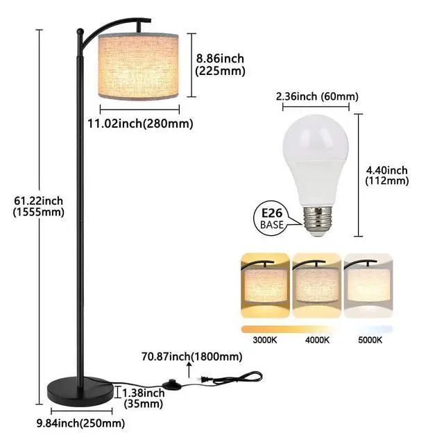 Alt view image 11 of 14 - Floor Lamp for Living Room with 3 Color Temperatures LED Bulb, Standing Lamp Tall Industrial Floor Lamp Reading for Bedroom, Office (9W LED Bulb, Beige Lampshade Included) -Black