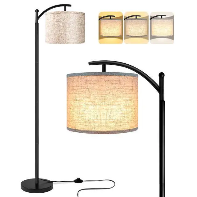 Alt view image 8 of 14 - Floor Lamp for Living Room with 3 Color Temperatures LED Bulb, Standing Lamp Tall Industrial Floor Lamp Reading for Bedroom, Office (9W LED Bulb, Beige Lampshade Included) -Black