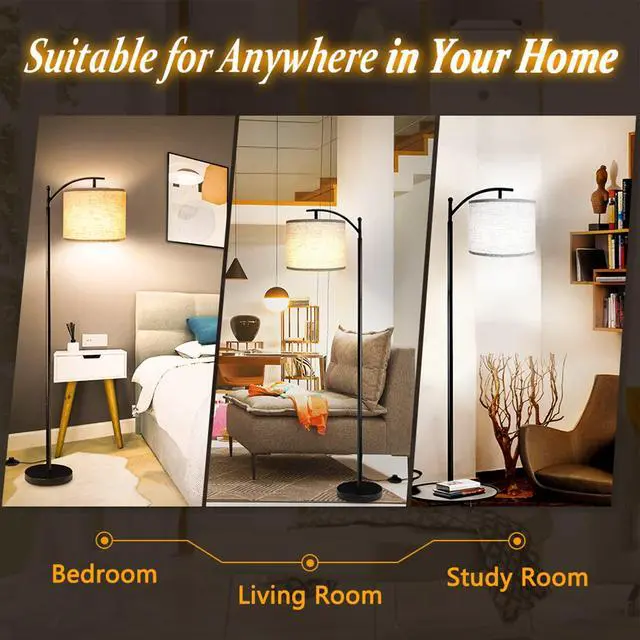 Alt view image 12 of 14 - Floor Lamp for Living Room with 3 Color Temperatures LED Bulb, Standing Lamp Tall Industrial Floor Lamp Reading for Bedroom, Office (9W LED Bulb, Beige Lampshade Included) -Black