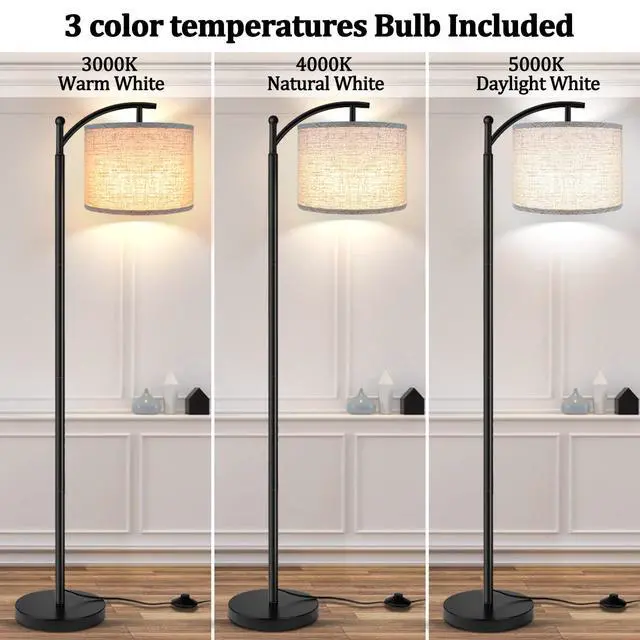 Alt view image 9 of 14 - Floor Lamp for Living Room with 3 Color Temperatures LED Bulb, Standing Lamp Tall Industrial Floor Lamp Reading for Bedroom, Office (9W LED Bulb, Beige Lampshade Included) -Black