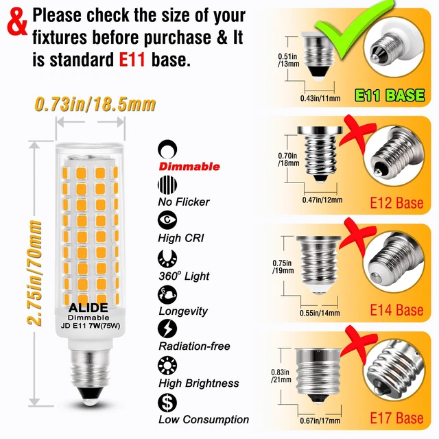 Alt view image 11 of 12 - E11 Led Bulbs,JDE11 120V 75W Candelabra Bulbs Equiva Dimmable 2700k | Warm White T3 T4 Mini Base JD E11 Bulb,7W 750lm for Chandeliers,Candelabra,Ceiling Fan, Table Cabinet Lighting,4Pack