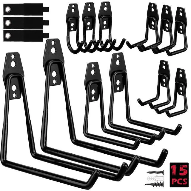 Alt view image 8 of 14 - Garage Tool Storage Wall Hook Assortment Set: 15PCS Heavy Duty Large Hanger Garden Tool Organizer Ladder Bike Rack Yard Tool Holder Shed Shovel Metal Screw Organization Bicycle Steel Bracket