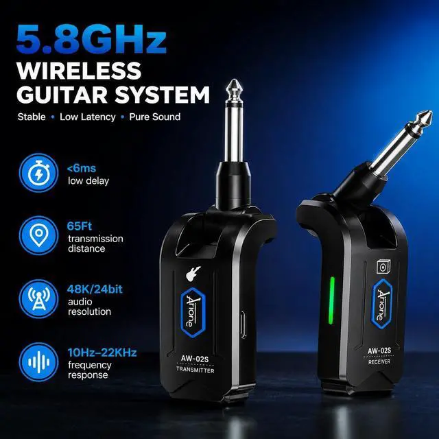 Alt view image 9 of 14 - 5.8GHz Wireless Guitar Transmitter Receiver 4 Channel Rechargeable Cordless Guitar System 65ft Long Range Superior to 2.4GHz Anti-Interference for Electric Guitar Bass (AW-02S)