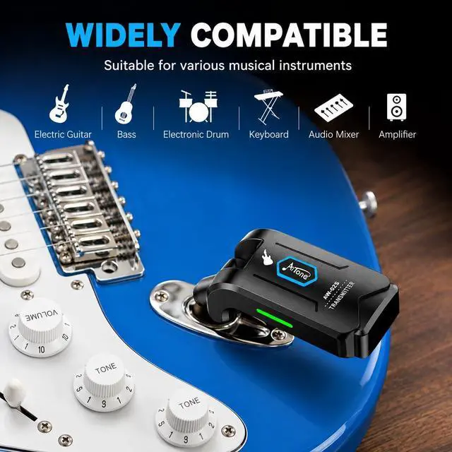 Alt view image 10 of 14 - 5.8GHz Wireless Guitar Transmitter Receiver 4 Channel Rechargeable Cordless Guitar System 65ft Long Range Superior to 2.4GHz Anti-Interference for Electric Guitar Bass (AW-02S)