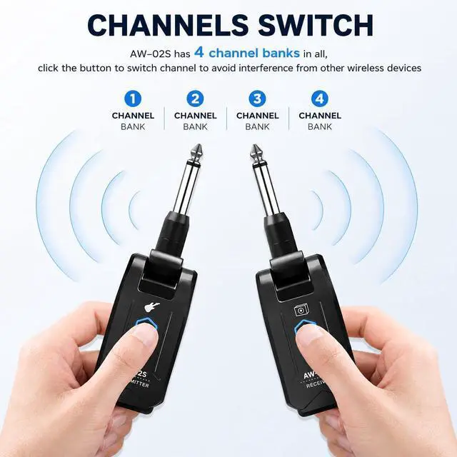 Alt view image 12 of 14 - 5.8GHz Wireless Guitar Transmitter Receiver 4 Channel Rechargeable Cordless Guitar System 65ft Long Range Superior to 2.4GHz Anti-Interference for Electric Guitar Bass (AW-02S)