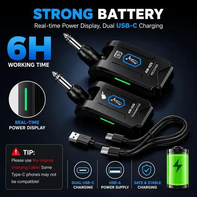 Alt view image 14 of 14 - 5.8GHz Wireless Guitar Transmitter Receiver 4 Channel Rechargeable Cordless Guitar System 65ft Long Range Superior to 2.4GHz Anti-Interference for Electric Guitar Bass (AW-02S)