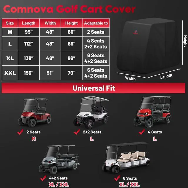 Alt view image 10 of 14 - Comnova Golf Cart Cover 4 Passenger - 600D Waterproof Golf Carts Enclosure with Zipper, Windproof & UV Resistant, Outdoor Golf Cart Cover Universal Fit EZGO, Club Car, Yamaha up to 112"L x 48"W x 66"H