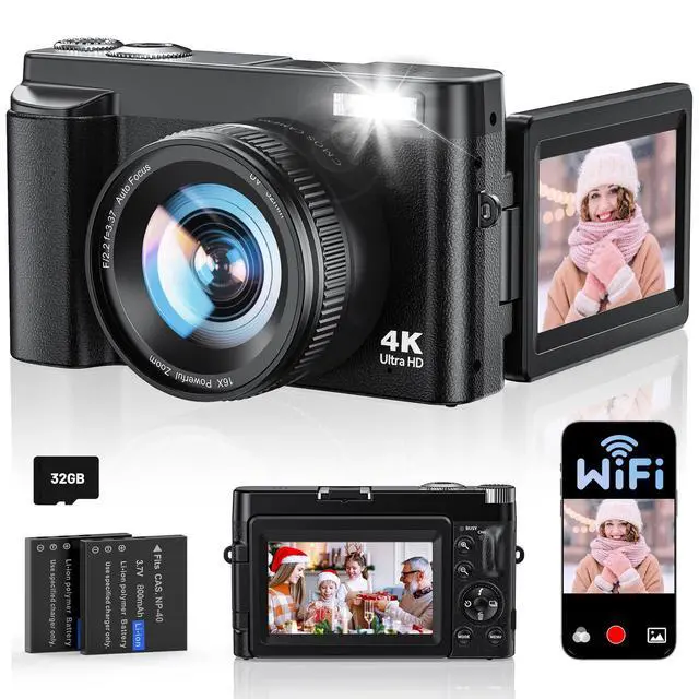 Alt view image 5 of 8 - 4K Digital Camera for Photography, WiFi Autofocus 64MP Vlogging Camera for YouTube, 180° 3" Flip Screen 30FPS Video Cameras with Flash Anti-Shake 16X Zoom 32GB Card, Compact Travel Digital Camera
