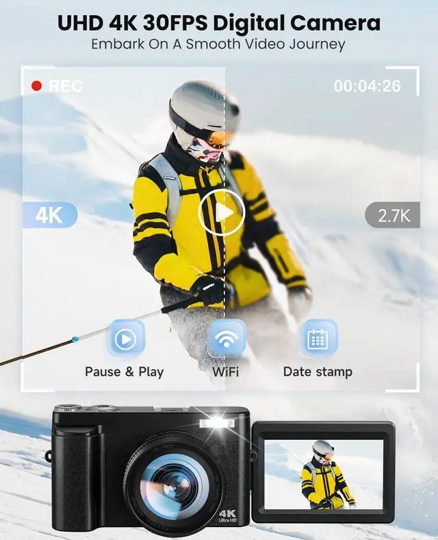 Alt view image 6 of 8 - 4K Digital Camera for Photography, WiFi Autofocus 64MP Vlogging Camera for YouTube, 180° 3" Flip Screen 30FPS Video Cameras with Flash Anti-Shake 16X Zoom 32GB Card, Compact Travel Digital Camera