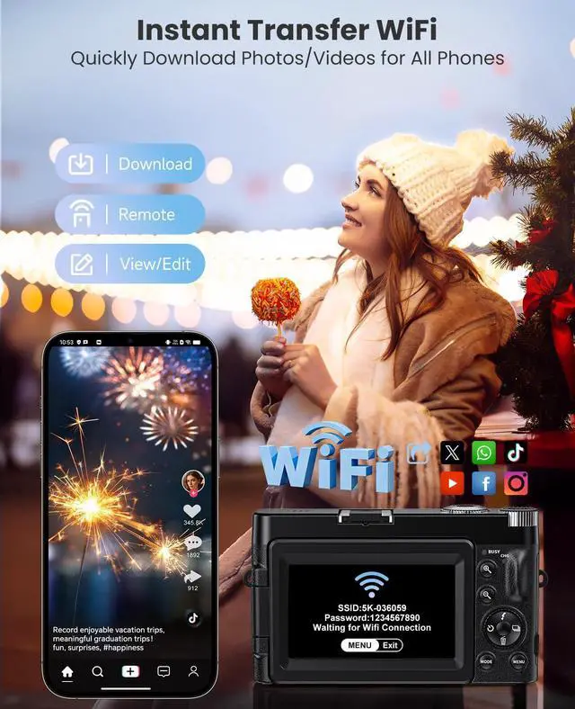 Alt view image 7 of 8 - 4K Digital Camera for Photography, WiFi Autofocus 64MP Vlogging Camera for YouTube, 180° 3" Flip Screen 30FPS Video Cameras with Flash Anti-Shake 16X Zoom 32GB Card, Compact Travel Digital Camera