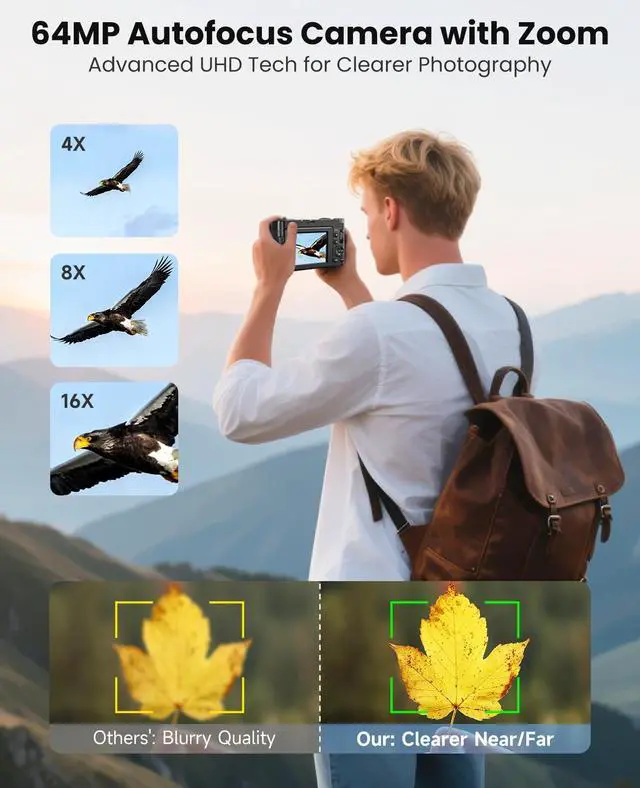 Alt view image 8 of 8 - 4K Digital Camera for Photography, WiFi Autofocus 64MP Vlogging Camera for YouTube, 180° 3" Flip Screen 30FPS Video Cameras with Flash Anti-Shake 16X Zoom 32GB Card, Compact Travel Digital Camera