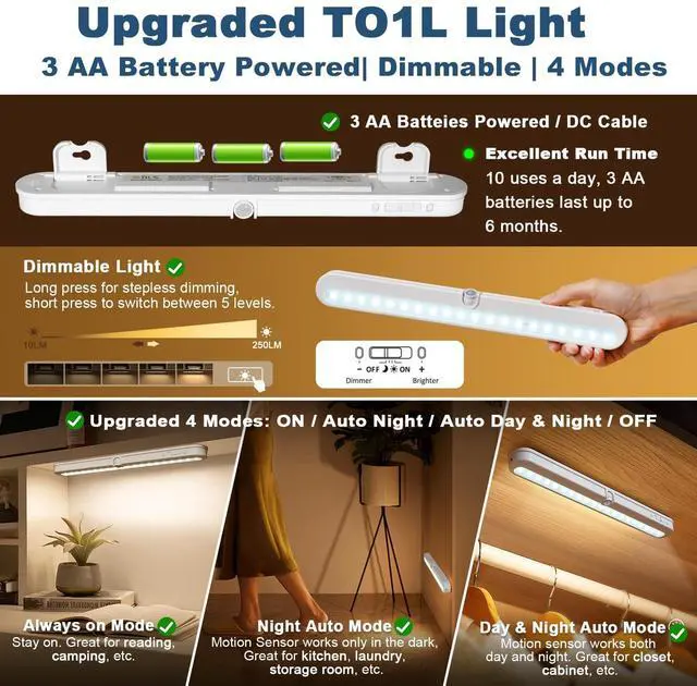 Alt view image 9 of 14 - T01L LED Closet Light, Super Bright 20 LED Under Cabinet Lighting Battery Powered/DC Input Wireless Motion Sensing Light, Auto On Off Switch, Motion Sensor & Light Sensor, Light Beam Adjustable