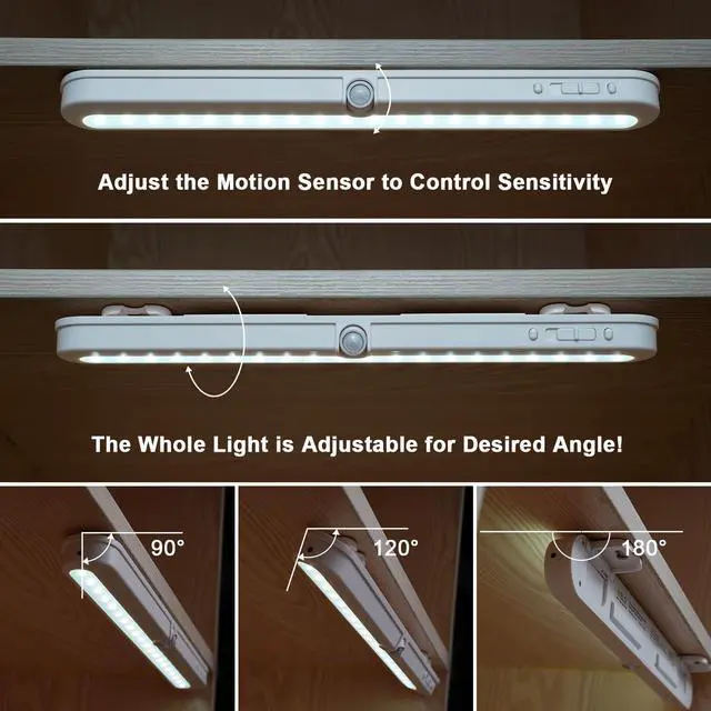 Alt view image 11 of 14 - T01L LED Closet Light, Super Bright 20 LED Under Cabinet Lighting Battery Powered/DC Input Wireless Motion Sensing Light, Auto On Off Switch, Motion Sensor & Light Sensor, Light Beam Adjustable