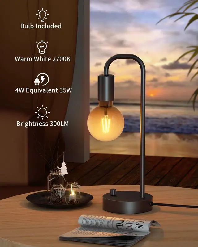 Alt view image 10 of 14 - Industrial Table Lamp for Bedroom, Fully Dimmable Modern Bedside Lamps with 2700K Warm Light Bulb for Kids Reading, Minimalist Nightstand Lamps for Living Room, Office (Bulb Included)