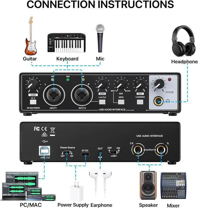 Alt view image 9 of 14 - 2x2 Audio Interface - 24-bit/192kHz USB Recording Sound Card | 48V Phantom Power, for PC and Mac, Studio, Guitar, Podcast, Streaming(Metallic Black)