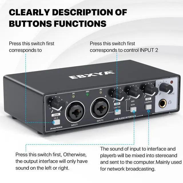 Alt view image 12 of 14 - 2x2 Audio Interface - 24-bit/192kHz USB Recording Sound Card | 48V Phantom Power, for PC and Mac, Studio, Guitar, Podcast, Streaming(Metallic Black)