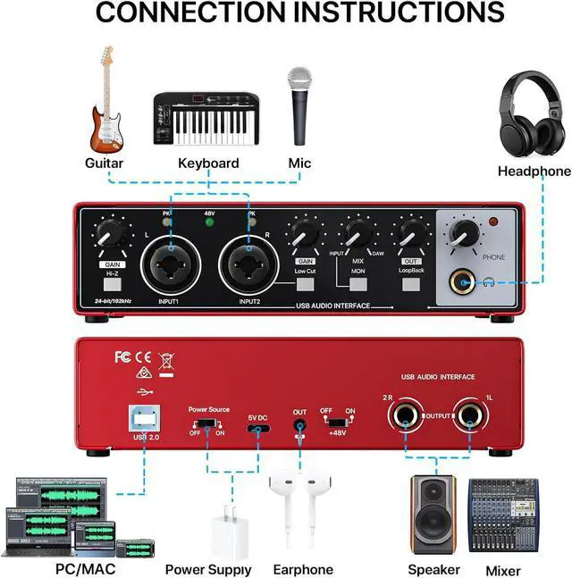 Alt view image 9 of 14 - 2x2 Audio Interface - 24-bit/192kHz USB Recording Sound Card | 48V Phantom Power, for PC and Mac, Studio, Guitar, Podcast, Streaming(Metallic Red)