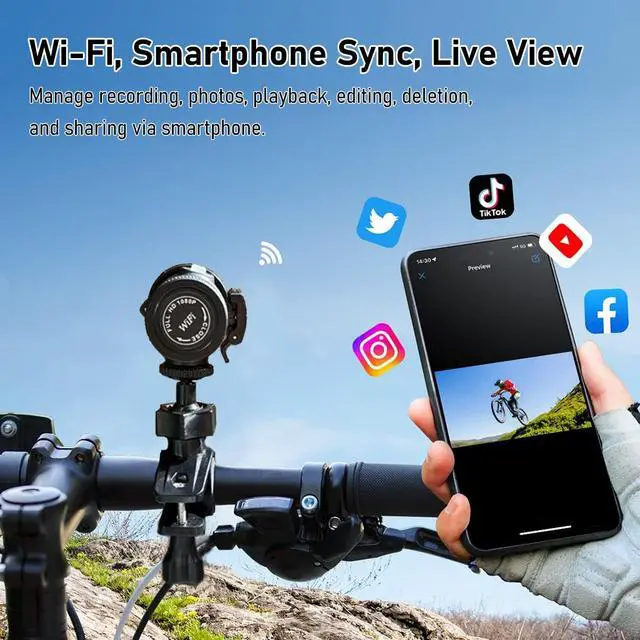 Alt view image 9 of 12 - WiFi Helmet Camera, HD 1080P Bike Motorcycle Helmet Camera, IP66 Waterproof Action Camera for Cars, Bicycle, Motorbike & Sports Helmet (with 64G Card)