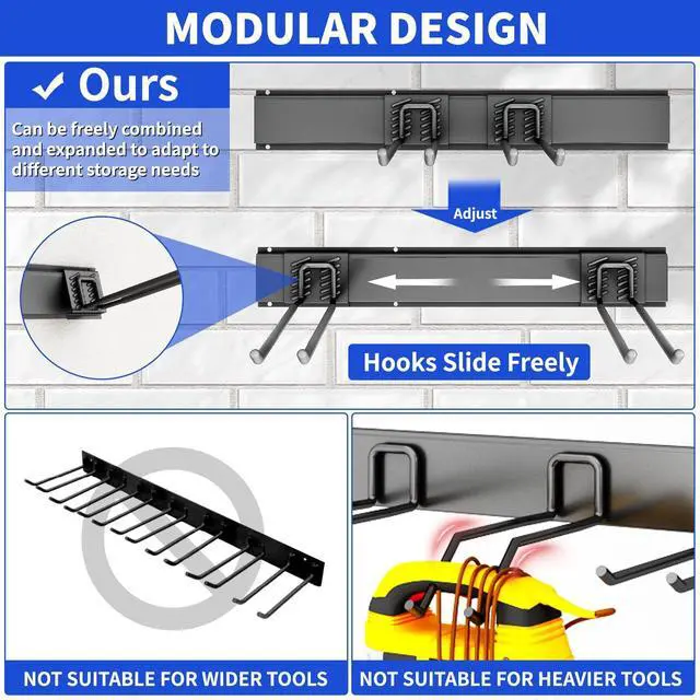 Alt view image 9 of 12 - Garage Tool Organizer Wall Mount, 48 Inch Heavy Duty Garden Tool Organizer Storage System, Easy Install with 6 Adjustable Straight Hooks, for Garage, Basement, Shed, Workshop, Black, Steel