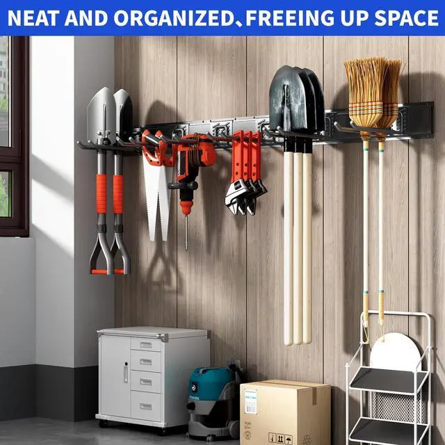 Alt view image 12 of 12 - Garage Tool Organizer Wall Mount, 48 Inch Heavy Duty Garden Tool Organizer Storage System, Easy Install with 6 Adjustable Straight Hooks, for Garage, Basement, Shed, Workshop, Black, Steel