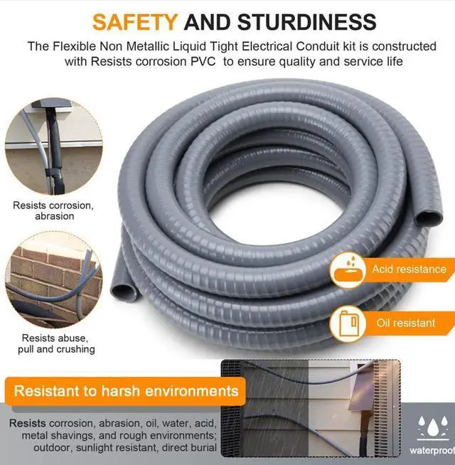 Alt view image 9 of 12 - Liquid-Tight Conduit and Connector Kit,Flexible Non Metallic Liquid Tight Electrical Conduit,3/4inch 25ft Electrical Conduit Kit,with 8 Straight and 8 Angle Fittings Included,3/4 in. Dia