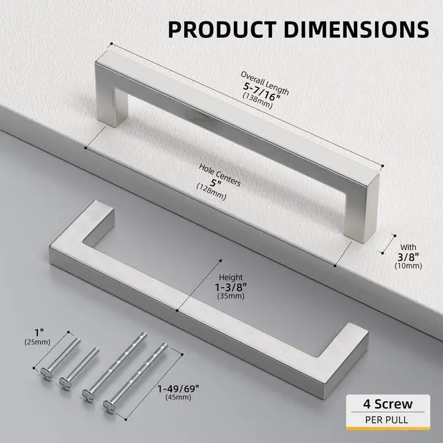 Alt view image 8 of 12 - Brushed Nickel Cabinet Pulls 30 Pack 5 Inch, Square Drawer Handles, Stainless Steel, Screws Included, Silver Kitchen Hardware for Cupboard Closet Furniture Upgrade