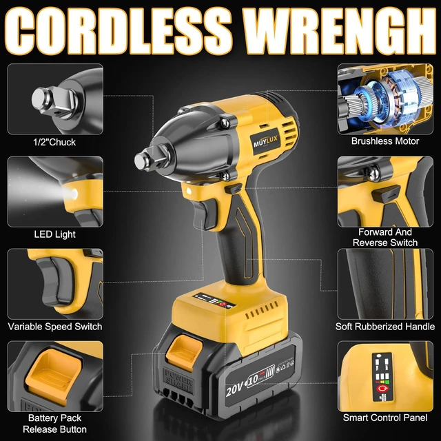 Alt view image 9 of 14 - 4.0Ah Battery Cordless Impact Wrench, Brushless 1/2 Impact Gun, 320Ft-lbs(430N.m) 20V High Torque Power Impact Driver, Electric Impact for Car Home