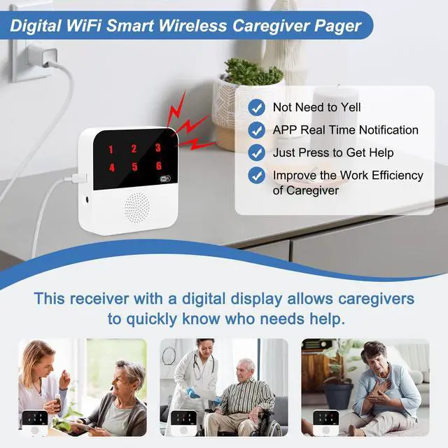 Alt view image 9 of 14 - WiFi Caregiver Call Button for Elderly Senior Alert Button to Call Cell Phones Caregiver Pager System with Led Number Display 4 SOS Panic Button 1 Receiver (Only Supports 2.4Ghz & No Monthly Fee)