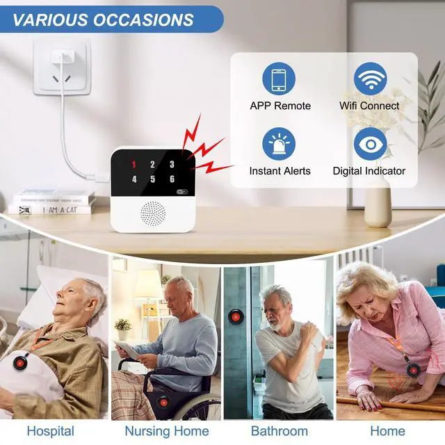 Alt view image 13 of 14 - WiFi Caregiver Call Button for Elderly Senior Alert Button to Call Cell Phones Caregiver Pager System with Led Number Display 4 SOS Panic Button 1 Receiver (Only Supports 2.4Ghz & No Monthly Fee)