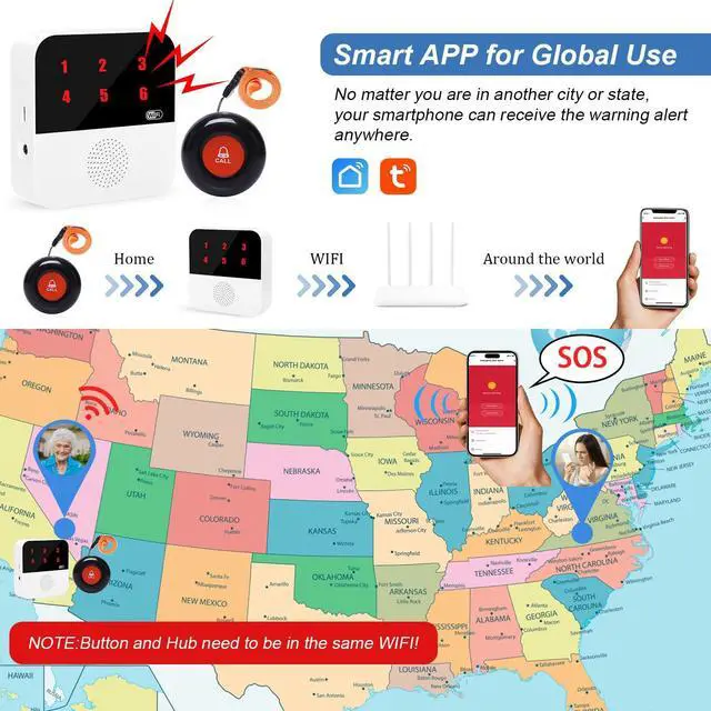 Alt view image 11 of 14 - WiFi Caregiver Call Button for Elderly Senior Alert Button to Call Cell Phones Caregiver Pager System with Led Number Display 4 SOS Panic Button 1 Receiver (Only Supports 2.4Ghz & No Monthly Fee)