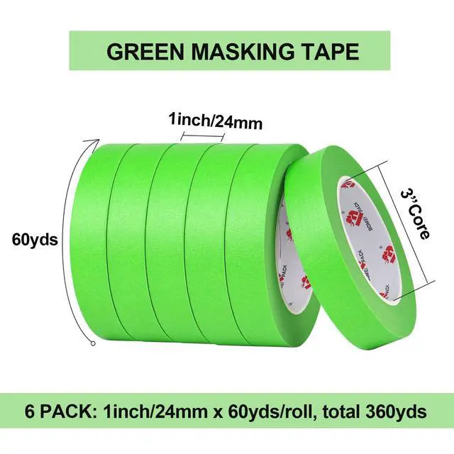 Alt view image 9 of 14 - Painters Tape - Painting Tape for Car Paint Green - 1 inch x 60 Yards Paint Tape for Walls Painting, Automotive, Labeling, DIY Crafting, Decoration and School Projects, 6 Pack