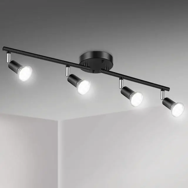 Alt view image 8 of 14 - LED 4 Light Track Lighting Kit, 24.8'' Black 4 Way Ceiling Spot Lighting, Flexibly Rotatable Head, Track Light Included 4 x LED GU10 Bulb (4W, Daylight White 5000K, 400LM)