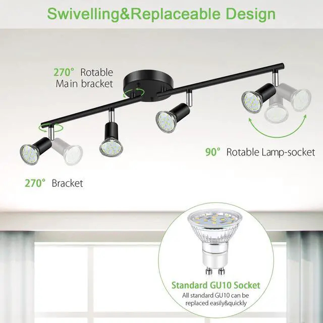 Alt view image 9 of 14 - LED 4 Light Track Lighting Kit, 24.8'' Black 4 Way Ceiling Spot Lighting, Flexibly Rotatable Head, Track Light Included 4 x LED GU10 Bulb (4W, Daylight White 5000K, 400LM)