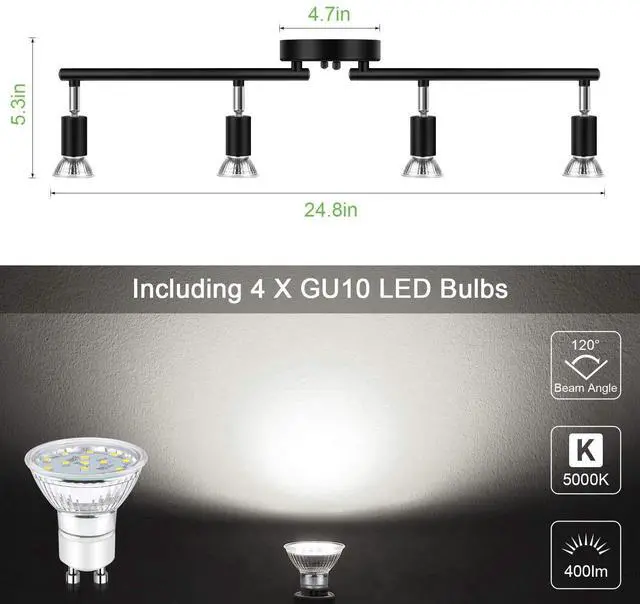 Alt view image 10 of 14 - LED 4 Light Track Lighting Kit, 24.8'' Black 4 Way Ceiling Spot Lighting, Flexibly Rotatable Head, Track Light Included 4 x LED GU10 Bulb (4W, Daylight White 5000K, 400LM)