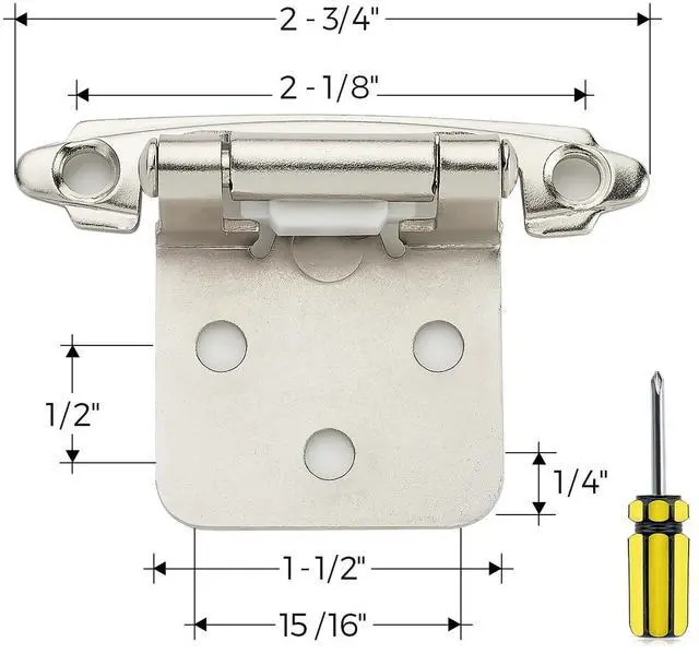 Alt view image 10 of 14 - Satin Nickel Kitchen Cabinet Hinges, 1/2" Overlay, 50 Pack | Self-Closing Design,Semi Wrap Around Hinge,for Face Frame Cupboard, Silver Face Mount Cabinet Hardware,with Screwdriver