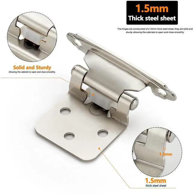 Alt view image 11 of 14 - Satin Nickel Kitchen Cabinet Hinges, 1/2" Overlay, 50 Pack | Self-Closing Design,Semi Wrap Around Hinge,for Face Frame Cupboard, Silver Face Mount Cabinet Hardware,with Screwdriver