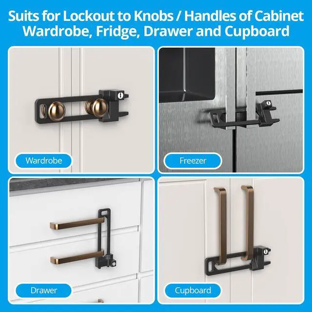 Alt view image 13 of 14 - Keyed Cabinet Lock, 2 Locks 4 Keys, Key Alike, Childproof Drawer Latch | Metal lock to lockout double knobs and handles of kitchen drawer storage cupboard closet, adjustable, matte black