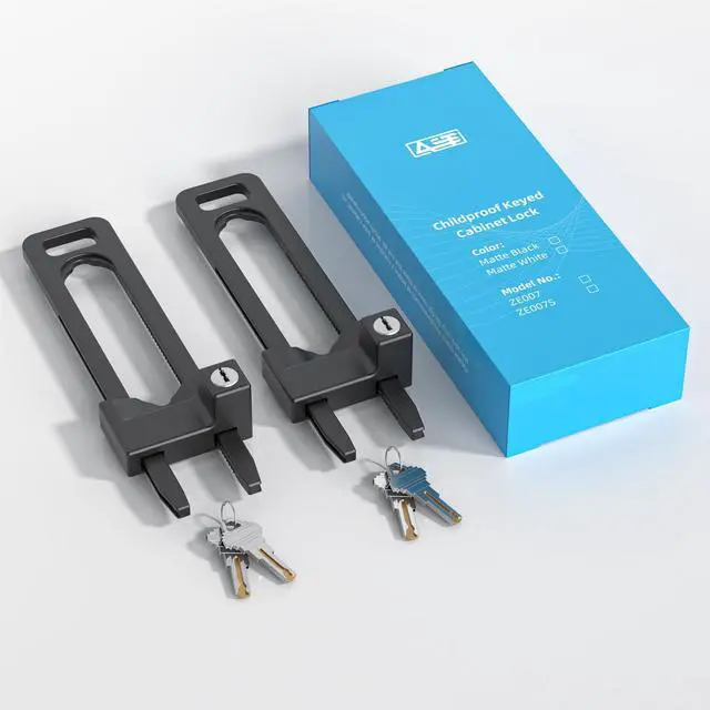 Alt view image 14 of 14 - Keyed Cabinet Lock, 2 Locks 4 Keys, Key Alike, Childproof Drawer Latch | Metal lock to lockout double knobs and handles of kitchen drawer storage cupboard closet, adjustable, matte black
