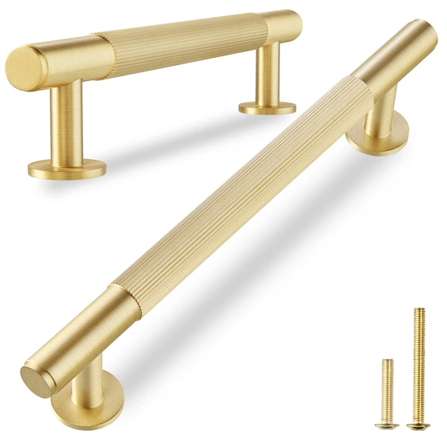 Alt view image 8 of 14 - 5-Pack Solid Brass Cabinet Pulls, 5-Inch Hole Center Handles | Solid Brass Construction, Brushed Gold Finish, Cabinet Pulls, Drawer Pulls, Bar Handles, Kitchen Cabinets, Dresser Drawers