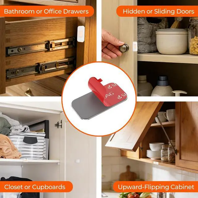 Alt view image 14 of 14 - 12 Pack Magnetic Cabinet Door Catch, Cabinet Magnets for Closure | No-drill install, 15 lb hold, embedded magnet, 48 thin and thick adhesive pads, easy-peel tabs, kitchens, closets and RVs