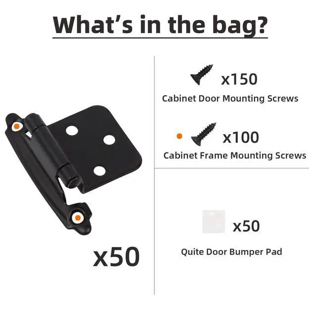 Alt view image 12 of 14 - 1/2" Overlay Matte Black Cabinet Hinges 50 Pack (25 Pair) Self Closing Bath & Kitchen Cabinet Hinges Black Flush Mount w/Door Bumpers & Upgraded Screws